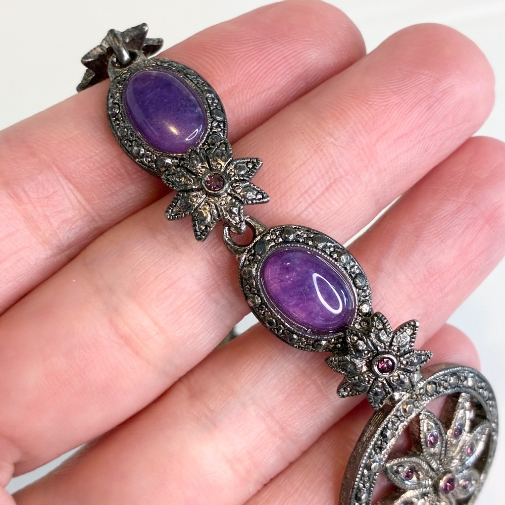 Vintage Premier Designs Bracelet Floral Purple Cabochon Rhinestone Silver Tone - Picture 11 of 11